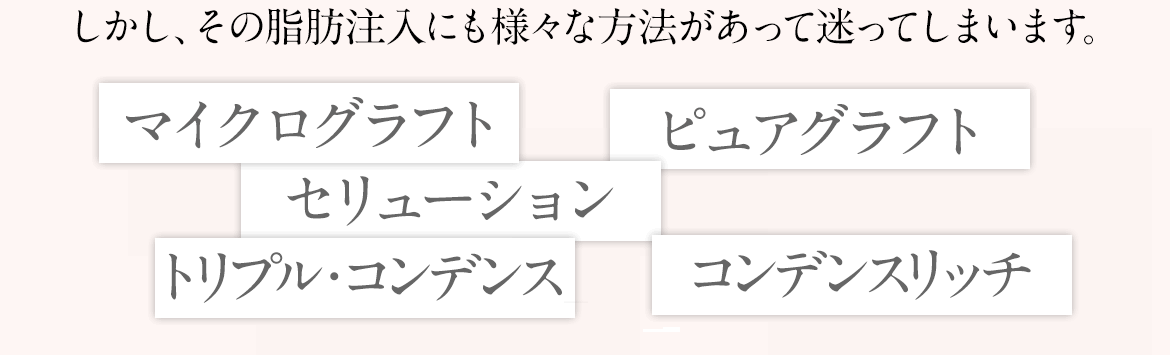 異物を使用しない脂肪注入は安全性が抜群ですしかし、その脂肪注入にも様々な方法があって迷ってしまいます。